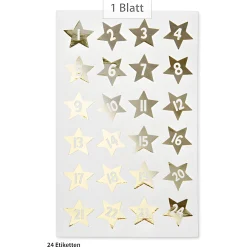 Deko|Adventskalender|Adventskalender-Zahlen Sterne gold, 24 Stück