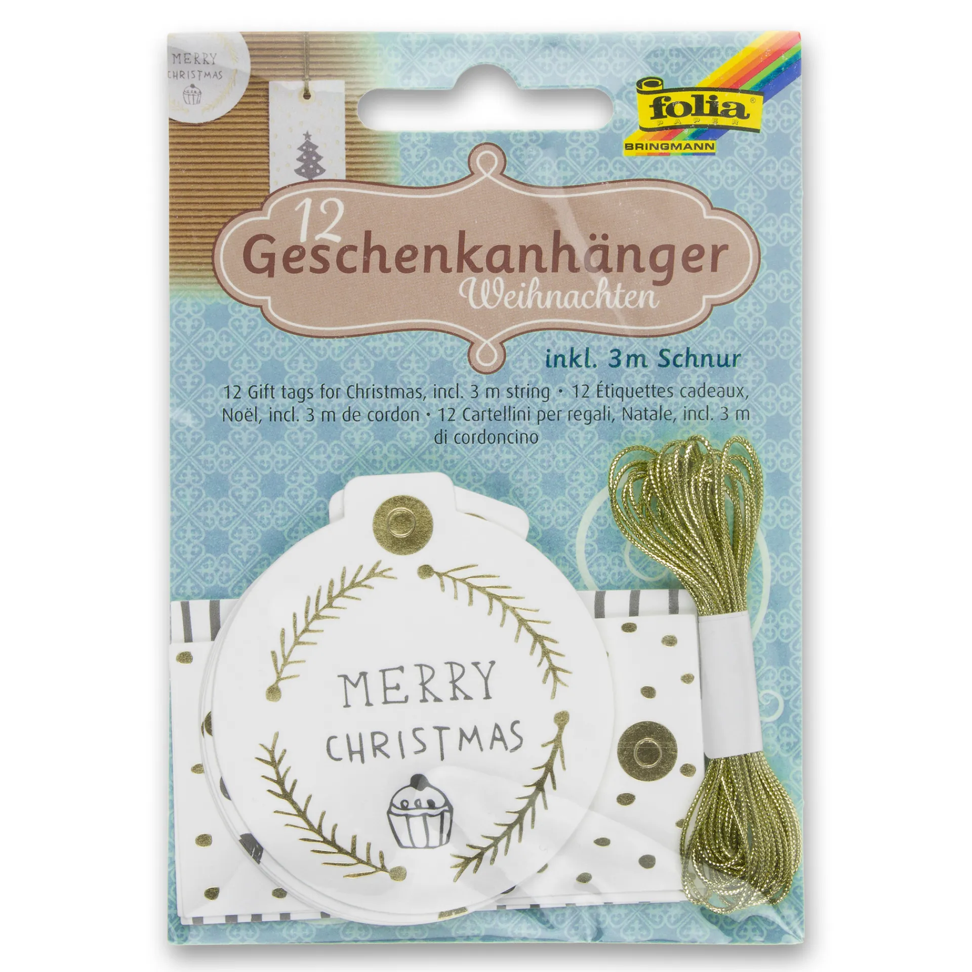 Folia Deko|Anhängeetiketten|Anhängeetikett weiß/gold, 12 Stück
