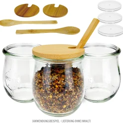 Feiern Und Feste|Picknick-Zubehör|WECK-Mini-Tulpenglas mit Bambusdeckel und Löffel, 3er Set