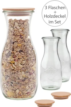 Grillparty|Glaskaraffen Und Kannen|WECK-Saftflasche 530 ml mit Holzdeckel, 3er Set